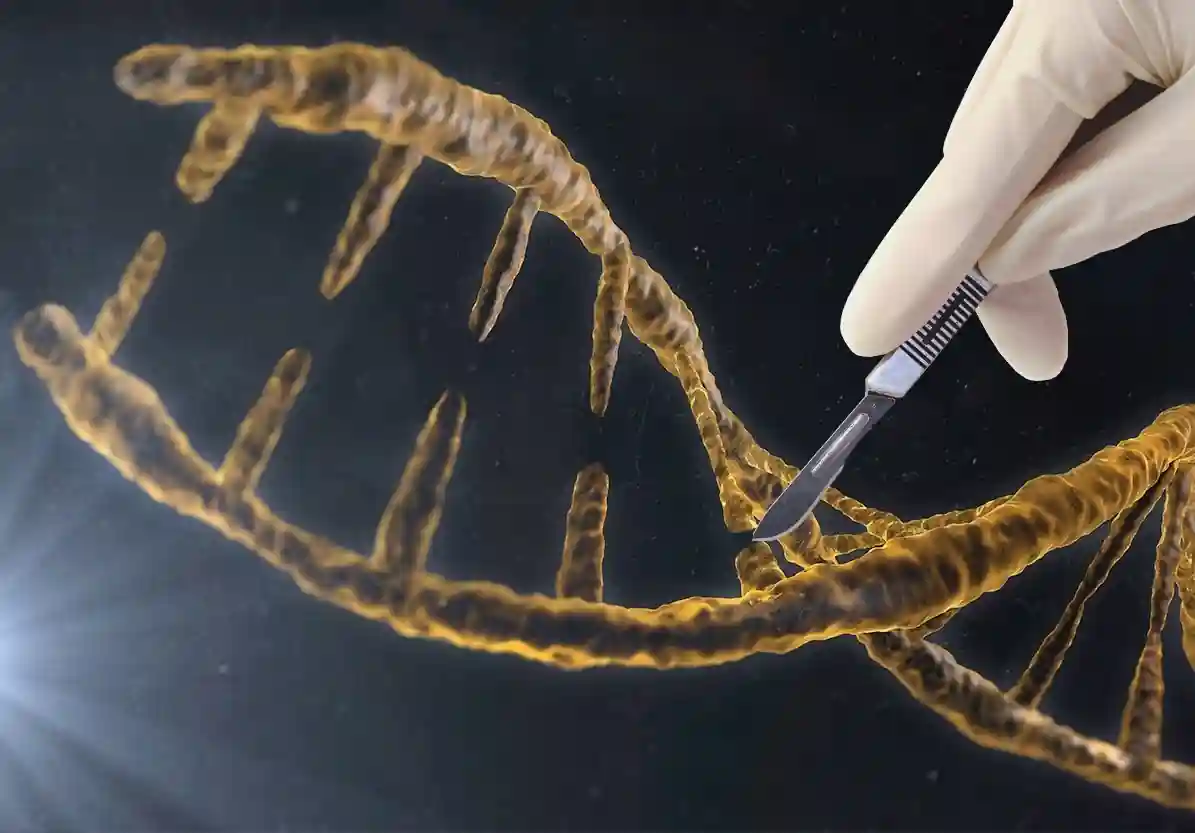 Dystrofi Mięśniowa Duchenne'a - DMD; Dystrofia Mięśniowa Beckera Grafika przedstawiająca kawałek DNA rozcinany skalpelem trzymanym w dłoni
