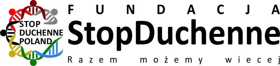 Logo Fundacji StopDuchenne. Umieszczona na okręgu helisa DNA. Helisa jest otwartą po prawej stronie. Każda sekcja helisy obrazuje człowieka tj. jego tors i głowę. Jest sześć takich sekcji, które przedstawiają trzymających się za ręce ludzi. Helisa jest otwarta i maobrazować otwartość na kolejnych członków fundacji jak i współpracę z innymi organizacjami. Po prawj stronie logotypu znajduje się w trzech rzędach napisy: Fundacja, StopDuchenne, Razem możemy więcej.