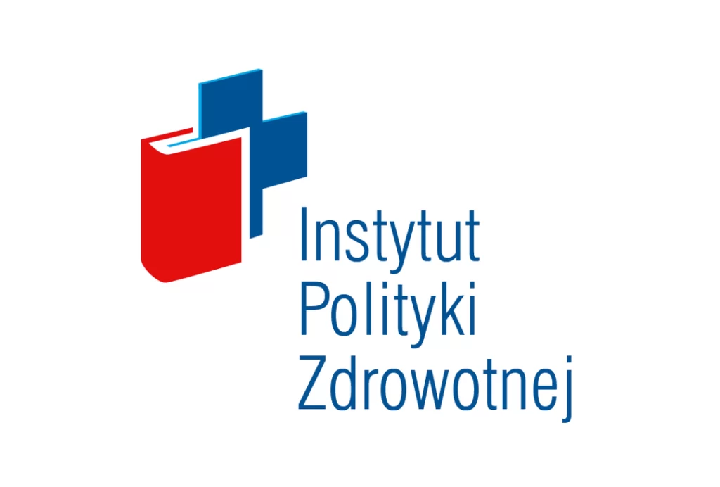 Logo Instytutu Polityki Zdrowotnej. Czrwona książka w lewym górnym rogu z włożonym w jej środek niebieskim krzyżem. Słowa tworzące nazwę ułożone są w pionie. Ich pierwsze litery tworzą skrót IPZ