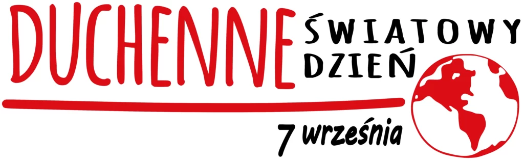 Logo obchodów Światowego Dnia Dystrofii Miesniowej Duchenne'a. Czerwony napis Duchenne podkreślony czerwoną kreską i po prawej stronie czarny napis światowy dzień. Pod napisem światowy dzień jest czerwona kula ziemska.